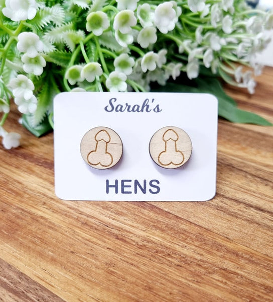 Hens Party Round Penis Stud Earrings Personalised With Bride to Be Name