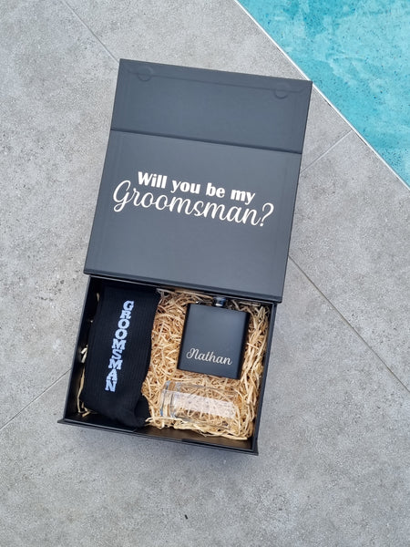 Groomsman Proposal Box Engraved Personalisation Flask Shot Glass Socks