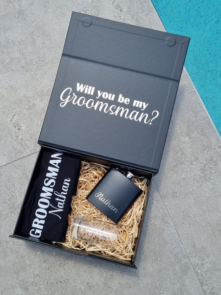 Groomsman Proposal Box Engraved Personalisation Flask Shot Glass Underwear