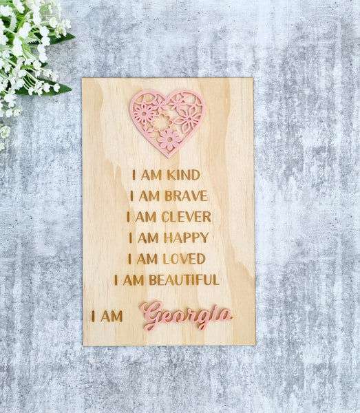 Floral Heart Affirmation Plaque with matching coloured Acrylic Name